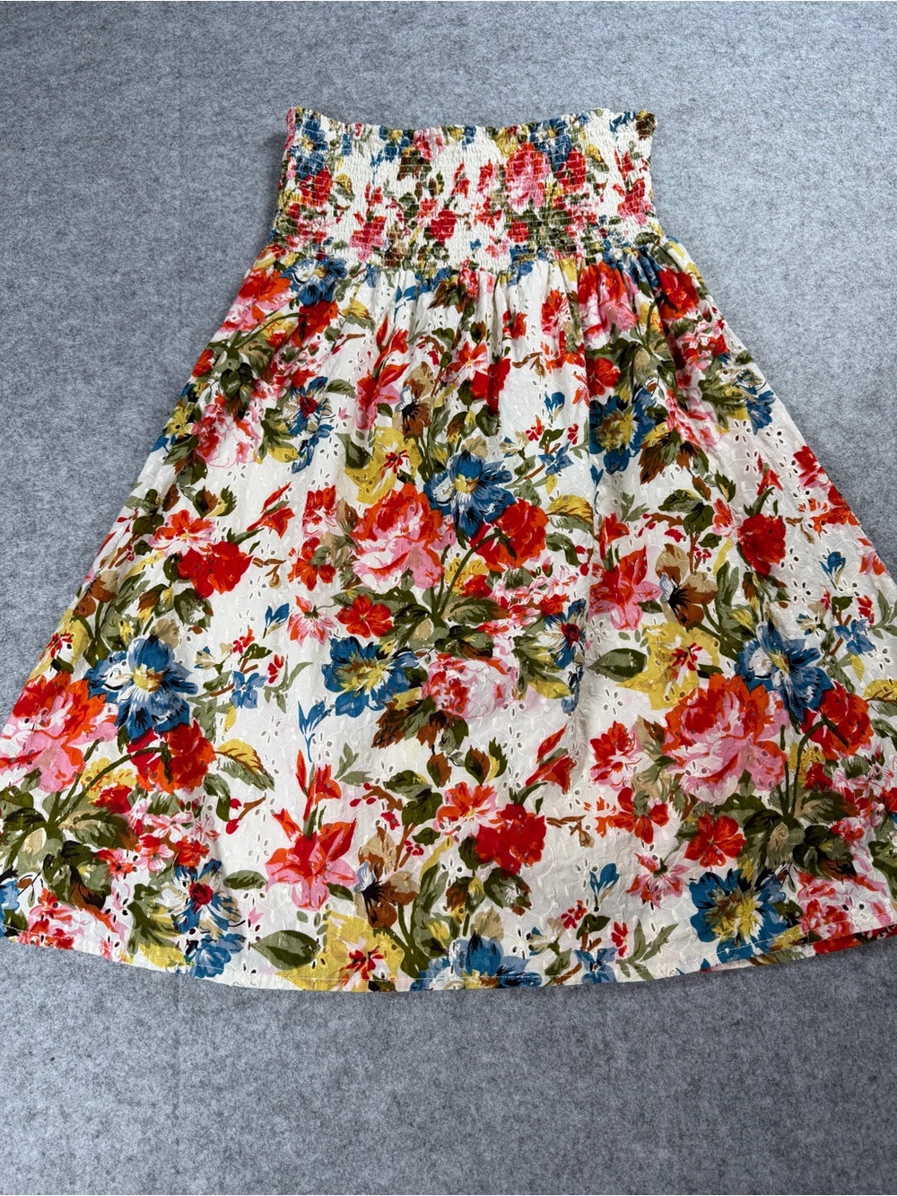 Delicia Womens Mini Dress Large Ivory Floral Strapless Eyelet Cotton Vintage 90s